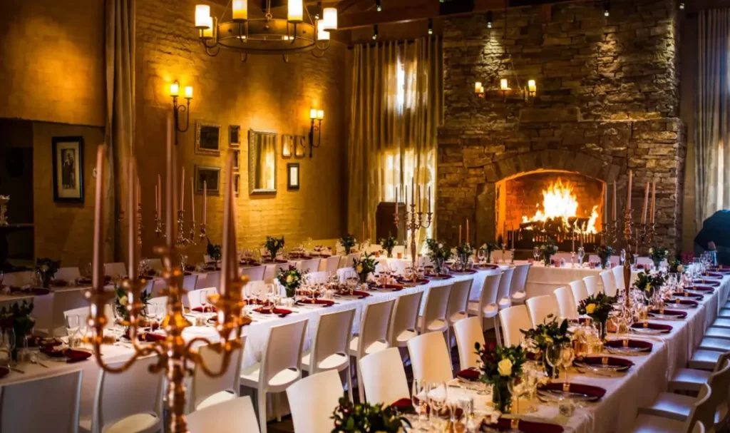 A banquet style wedding reception in a large stone hall with a big fireplace burning on the far side.